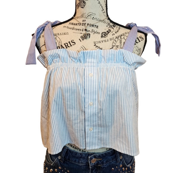 Urban Outfitters Renewal Recycled Stripe Tie Crop Tank Top Blue White Medium - Picture 3 of 7